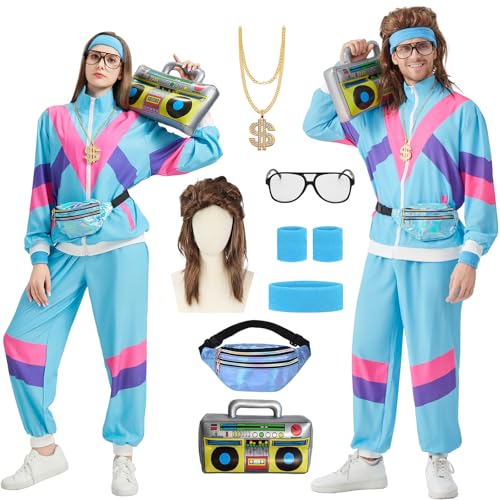 80er Blau Jahre Outfit für Männer Frauen mit Gürteltasche Perücke Brille 90er Jahre Kostüm Trainingsanzug Stirnband und Armbändern Jacke und Hose mit Radio-Halskette für den Para Fasching Karneval L