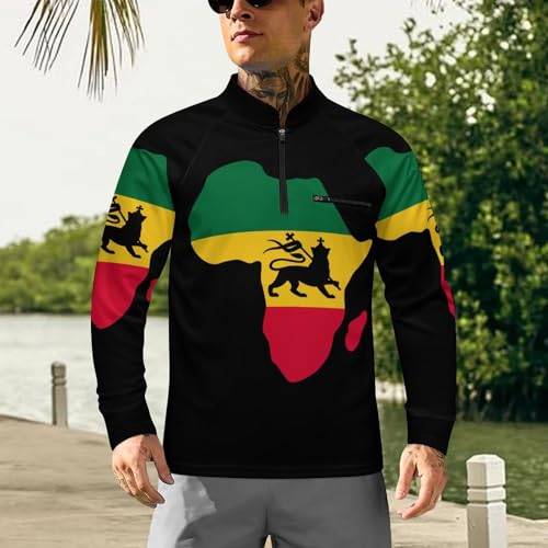 Map of Africa and Lion Rastafarian Flag Men's Rash Guard Long Sleeves Quick Dry Fishing Workout Shirts with Zipper2