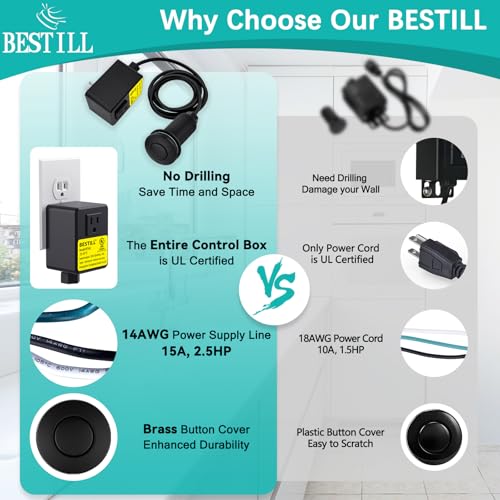 BESTILL Garbage Disposal Sink Top Air Switch Kit with Single Outlet, Matte Black 3.6" Long Push Button with Brass Cover, UL Listed, Compatible with all Garbage Disposals - Thumbnail 6