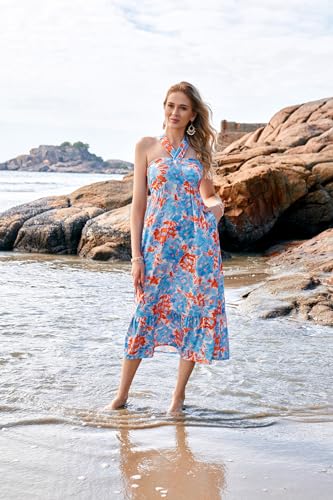 Image of GRACE KARIN Womens Summer Floral Dresses 2026 Boho Maxi Dress Flowy Halter Sundress Casual Vacation Beach Clothes with Pocket