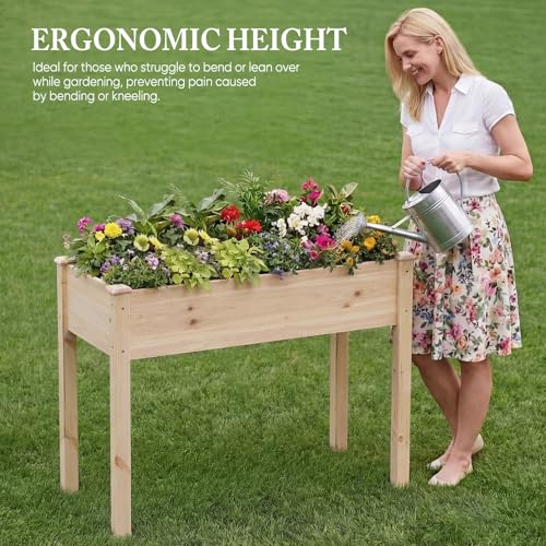 Image of DUMOS Raised Garden Bed 34x18x30 Inch, Outdoor Planter Box with Legs, Elevated Wood Garden Bed with Liner for Herbs Flowers Vegetables, Wooden Planter Box for Patio, Balcony, Backyard, Natural Wood