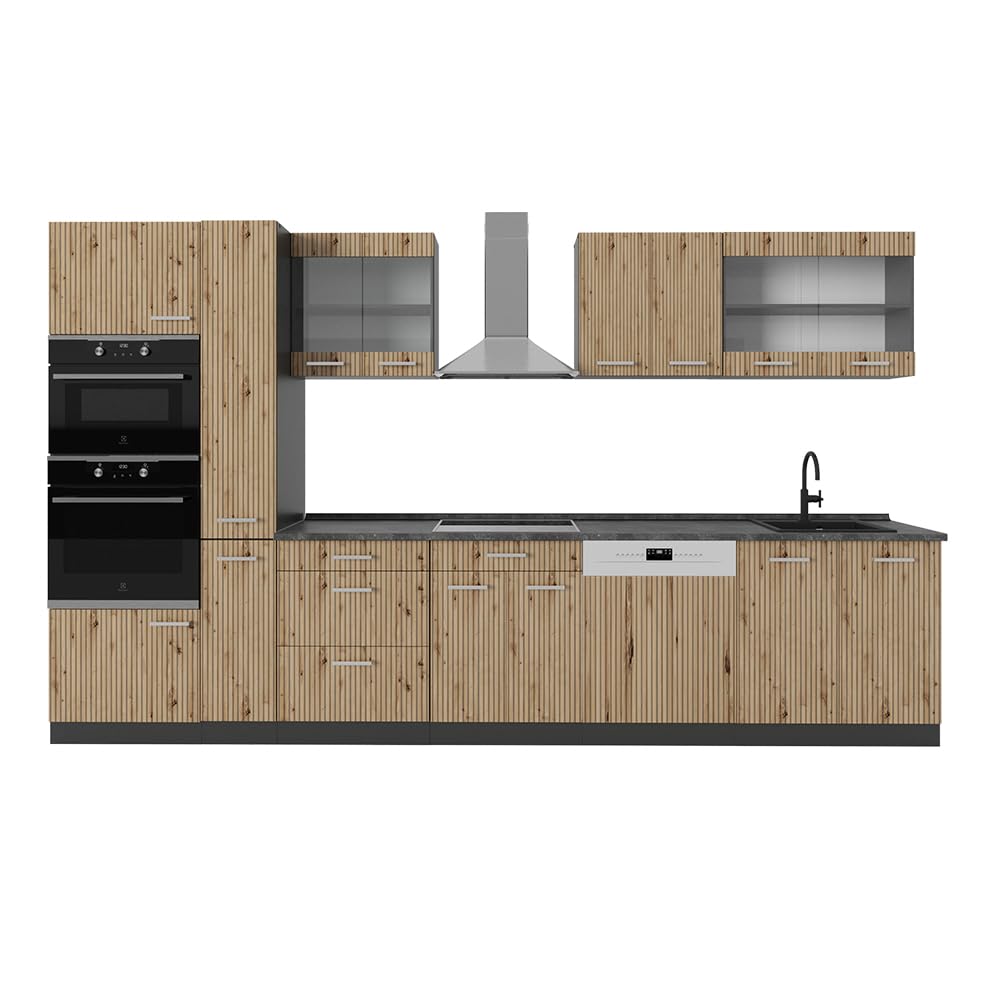 Vicco Cuisine R-Line, Chêne Artisan/Anthracite, 350cm avec Armoire Haute, PT Anthracite, adapté à Une Extension Flexible avec des modules supplémentaires
