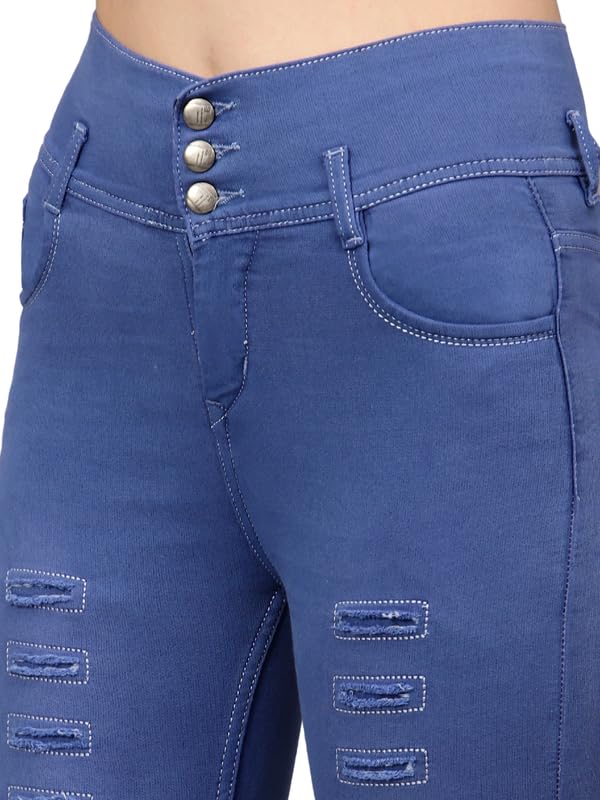 Image of Women s Three Button Plan Design Blue Skinny Fit High Rise Full Length Clean Look Denim Stretchable Jeans