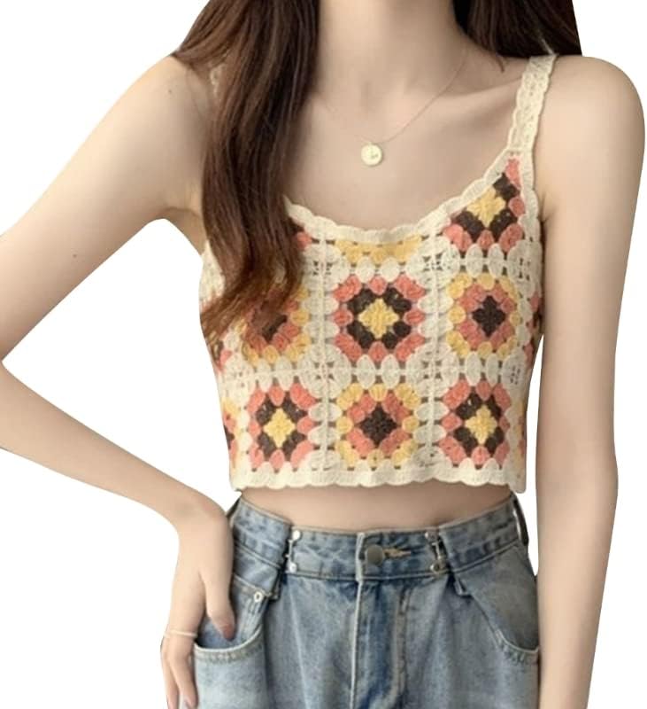 GenericWomen Summer Cami Crop Tops Crochet Knitted-Tank Tops Camisole Round-Neck Boho-Vest Top Casual Sleeveless Tees-Tshirt