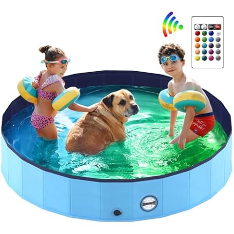 Heeyoo Foldable Dog Pool with RGB LED Light, Collapsible Dog Swimming Pool with Remote and Built-in Color Changing LED Light, Hard Plastic Dog Pet Bathtub, Portable PVC Wading Pool for Kiddie and Dogs Cover
