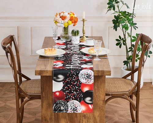 Image of Letjolt Black Red Balloon Happy Birthday Table Runner 72 Inches | Linen-Like Fabric, Celebrate Birthday Party Table Decor