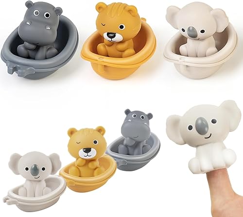 Juguete de baño para bebé, apilable, juguetes de bañera para bebés, flotante, tren de barco con marionetas de dedo de animales, juguete de baño de
