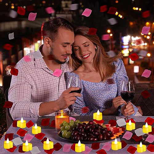 Image of Honoson 1000 Pieces Artificial White Yellow Rose Petals with 24 Pcs Flameless Heart Shaped LED Tealights Candles Special Romantic Night Decorations for Proposal Wedding Anniversary Table Decor
