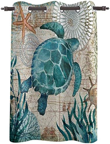 24inch Length Window Curtains Drapes Panels,Sea Turtle Ocean Animal Nautical Themed Window Treatments for Kitchen Living Room,Thermal Insulated Bedroom Curtain Bathroom,Waterproof,Grommet,52" Wide