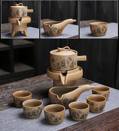 Image of Chinese Gongfu Tea Gift Set, Semi-Automatic Stone-Mill Design Ceramics Tea Set Rotate TeaPot 6 Cups for Adults Men Women Tea Ceremony Party Home Office Decor (landscape)