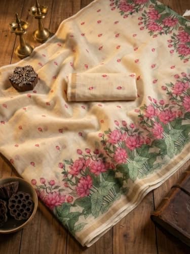 Image of Women's Linen Cotton Blend Saree Multicolor Ikat Brush Print Scalloped Border with Floral Print Unstitched Blouse Piece