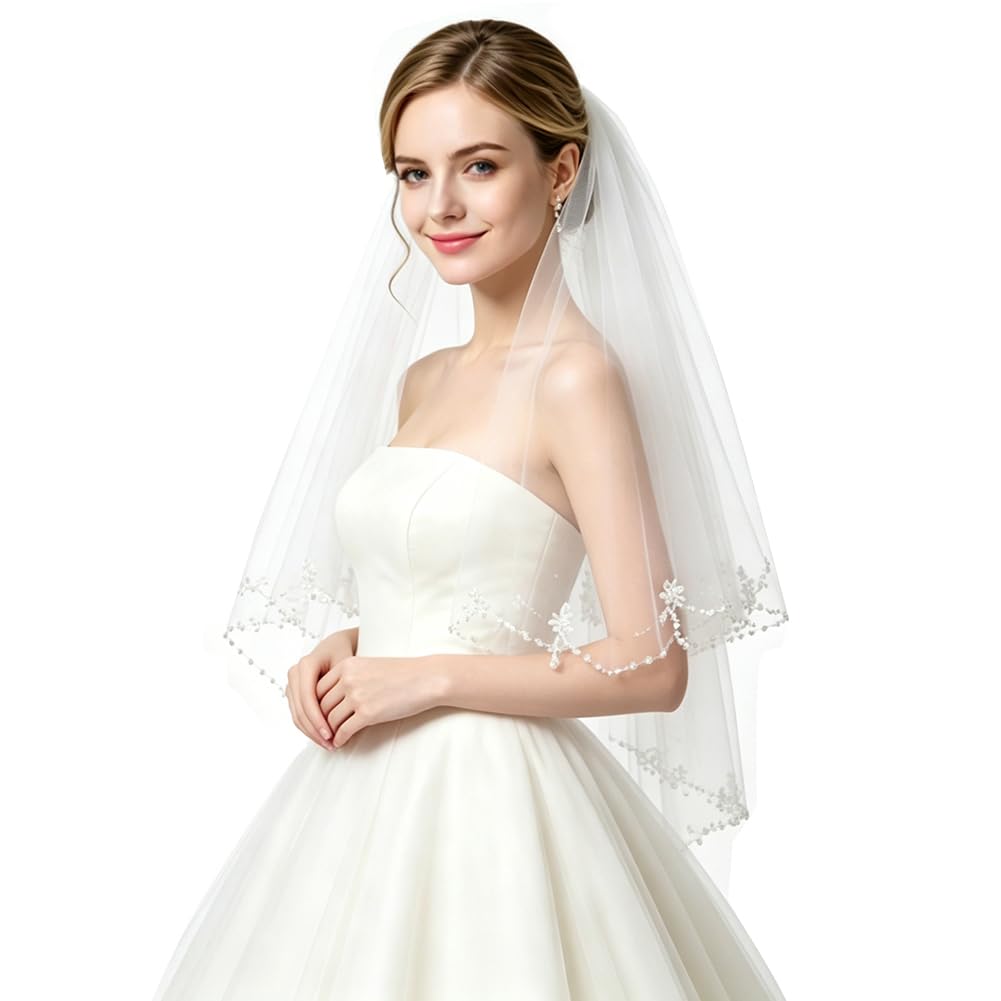 BENECREAT Velo Da Sposa A Un Solo Strato con Pettine, Velo Da Sposa con Perline, Doppio Strato, Classico, Bianco, In Tessuto Confortevole per La Cerimonia Nuziale, 600~800mm