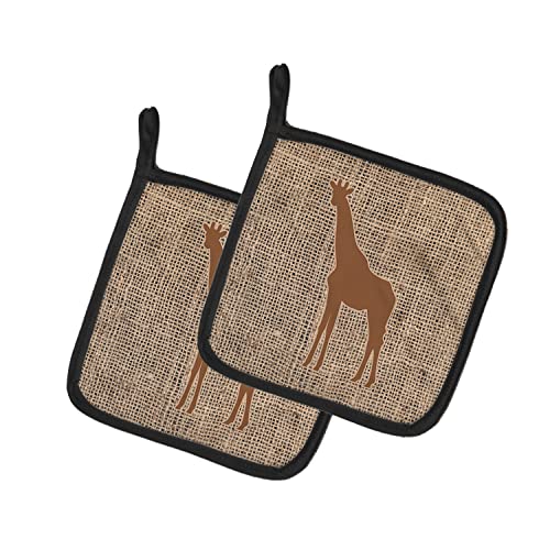 Caroline's Treasures BB1001-BL-BN-PTHD Giraffe Burlap and Brown Pair of Pot Holders Kitchen Heat Resistant Pot Holders Sets Oven Hot Pads for Cooking Baking BBQ, 7 1/2 x 7 1/2