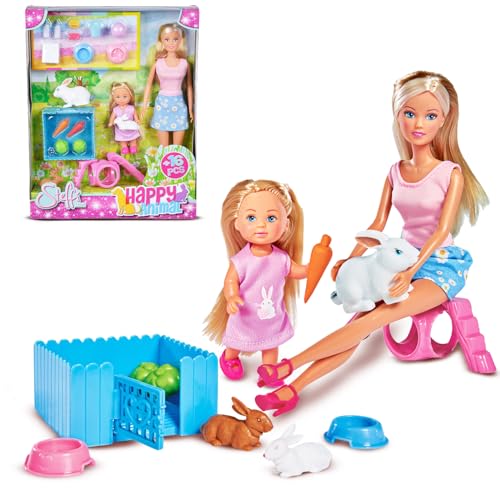 Image of Steffi & Evi Happy Animal Doll Set| Vibrant Pretend Play Dolls with Pets| Adorable Baby Doll with 16+ Baby & Animal Accessories| Ideal Gift for 3+ Year Girls (Rabbits)