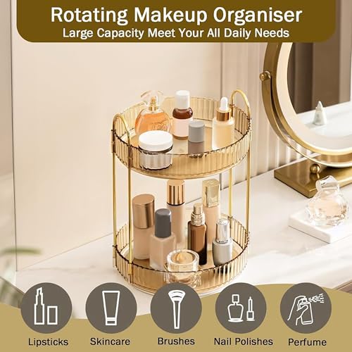 Image of JD FRESH 360 Degree Rotating Makeup Organizer 2 Layer Cosmetic Storage Box Vanity Stand with Drawers for Lipsticks Skincare Perfume Bathroom Countertop Dressing Table Organizer (Light Gold)
