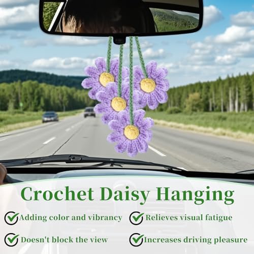 2 PCS Crochet Daisy Car Accessories for Women, Car Rearview Mirror Hanging Accessories, Handmade Cute Cars Accessory for Women Aesthetic, Crochet Flowers Purple Cars Decor (Purple)