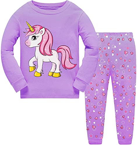 Little Hand Schlafanzug Mädchen Einhorn Kinder Zweiteiliger Baumwolle Lange àrmel Nachtwäsche T-Shirt und Hose, Einhorn-1, 104 (HerstellerGröße:...