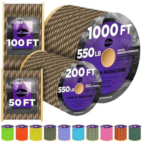 Image of TECEUM 5 /32 inch Paracord Rope 1000 - 1000ft / 200ft / 100ft / 50ft - Tactical Parachute Cord 4mm - 45+ Colors - Nylon String for Survival & Camping Gear - Stripe Cord for Survival - Utility Rope