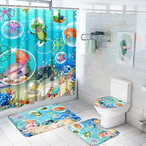Alishomtll 4-teiliges Kinder-Duschvorhang-Set mit rutschfestem Teppich Cover