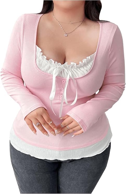 SOLY HUX Women's Plus Size Long Sleeve T-Shirts 2 in 1...
