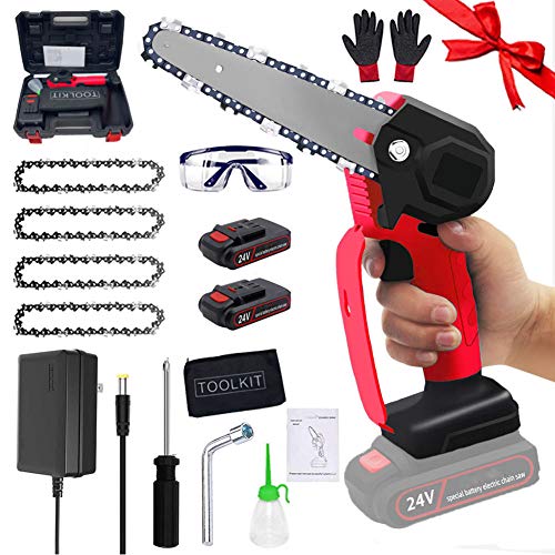 Mini motosierra de 6 pulgadas que ahorra mano de obra Sierra de cadena eléctrica inalámbrica portátil Mano 0.85kg Ligero Batería de litio recargable de 24V para corte de madera de rama,2d4l red