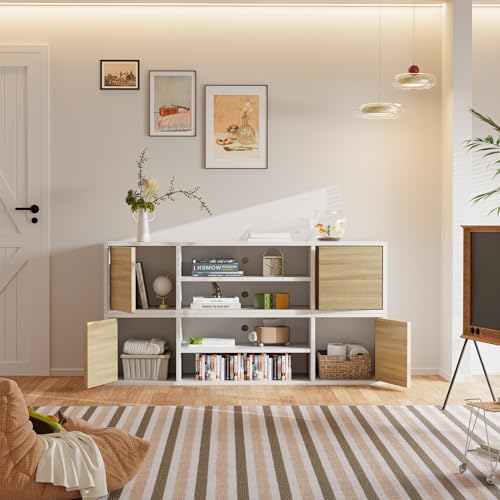 Image of JUMMICO TV Stand for 65 Inch TV, Mid Century Modern TV Stand, Entertainment Center with Storage Cabinet and Open Shelves, TV Console Table Media Cabinet for Living Room, and Bedroom (White)