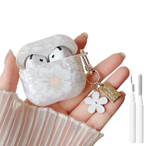 Image of MINSCOSE for Glitter AirPods 4 Clear Case,Cute Cartoon Shell Pattern Aesthetics Design with Girly Floral Keychain,Soft TPU Protective Cover with Cleaner Kit for Girls Women for AirPods 4-White
