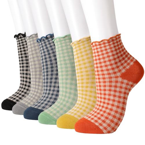 Image of 6 Pairs Cute Ruffle Socks for Women, Vintage Striped Frilly Sock Cute Checkered Ankle Socks for Women Cotton Knit Casual Crew Socks Size 5-9