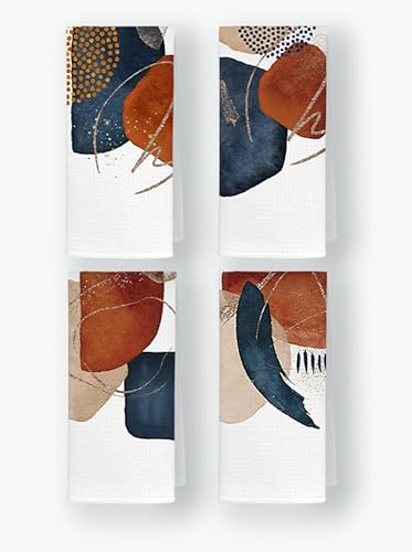 QODUNG Boho Abstract Geometric Terracotta Navy Blue Watercolor Soft Absorbent Kitchen Towels Dishcloth 16x24 Inch Set of 4,Bohemian Modern Tea Towels Hand Towels for Kitchen Bathroom