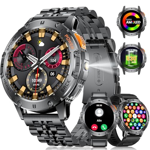LIGE Reloj Inteligente Hombre con LED Linterna,3 cinturini,530 mAh,1.43' AMOLED Smartwatch para Android iOS,IP68 Impermeable,Llamadas Bluetooth,24H Frecuencia Cardíaca,300+ Watch Faces Smar
