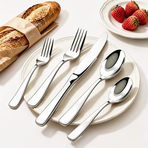 Image of Silverware Set for 12, 60 Piece HEAVY DUTY 18 /10 Stainless Steel Flatware Utensils Cutlery Set, Mirror Polished knives Forks and Spoons Silverware Sets,Dishwasher Safe for Dinner Wedding Party