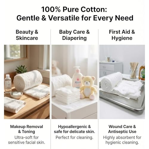 Image of Premium Absorbent Cotton Roll (800g Net Weight without paper 400g X 2) | Soft & Highly Absorbent | Coreless & Pure Cotton for Makeup Removal, Baby Care, Skincare & Everyday Wellness (No Paper Tube) (2, 400 grams)