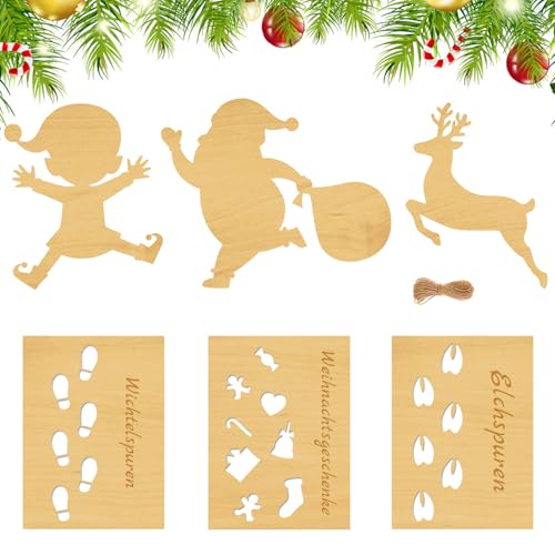 Wichtel Fußabdrücke Wichtel Schablone Fenster 6 Stück, Weihnachtsmann Hirsche Schablone Weihnachtswichtel Zubehör Weihnachtsdekoration Holz Schneespray Schablonen