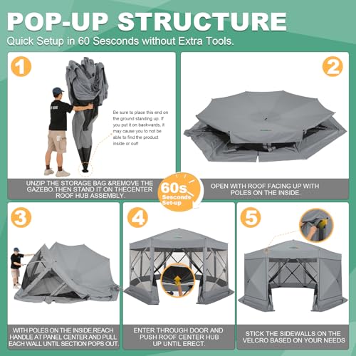Image of COBIZI 15x15 FT Pop Up Gazebo - Canopy Tent, Large Gazebos On Clearance with Sidewalls, Screened in Gazebo,carpas para Patio,Portable Screen Tents for 12-15 Persons Outdoor Camping, Backyard, Gray