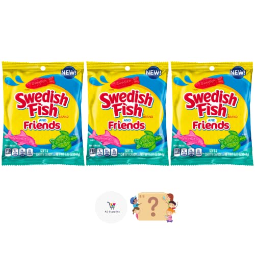 SWEDISH FISH and FRIENDS with NEW FLAVORS (Strawberry & Watermelon) Soft and Chewy Candy, 5oz (Pack of 3) + BONUS Nostalgic Candy