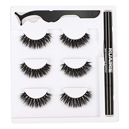 False Eyelashes with Eyeliner, Lash Glue Eyeliner 3 Pairs Full False Lashes with Magic Eyeliner Pen Self-adhesive -No Glue No Magnet Needed-Strong Hold for Fake Eyelashes