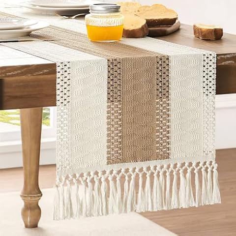 ZeeMart Macrame Style Bicolor Stitching Table Runner, 14 x 72 Inch Brown/Ivory, Boho Neutral Table Runners 72 Inches Long, Farmhouse Woven Home Decor Cover