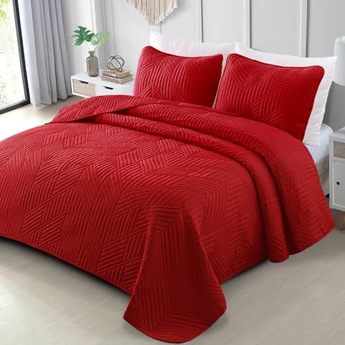 Exclusivo Mezcla California King Quilt Bedding Set, Lightweight Red Oversized King Bedspreads Soft Modern Geometric Coverlet Set for All Seasons (1 Quilt and 2 Pillow Shams)