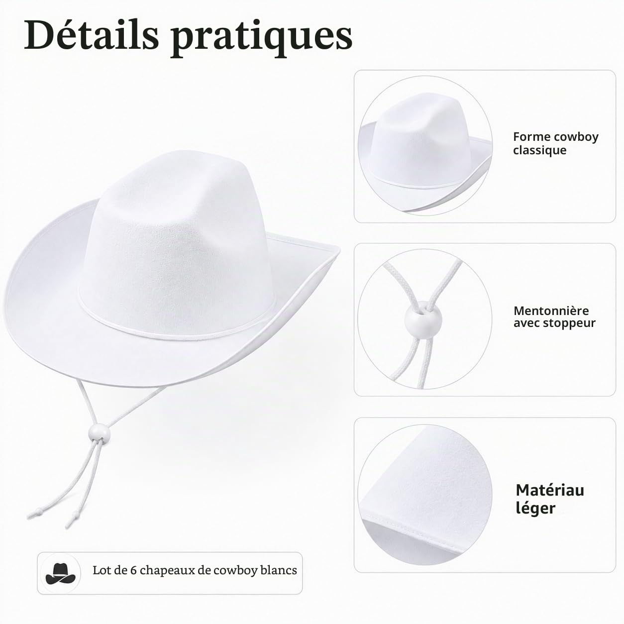 LYCN Lot de 6 chapeaux de cowboy blancs pour homme et femme - Chapeaux de cowgirl occidentaux en feutre avec cordon de serrage réglable au niveau du cou - Pour adolescents, adultes, fêtes, cosplay