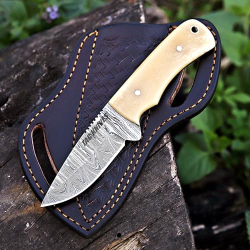 TAC KNIVES 7'' Full Tang Fixed Blade Outdoor Camping Hunting Knife In Sheath Gift For Him Damascus Steel SKINNER Knife Gift Cowboy knives Pancake leather sheath (BONE 10)