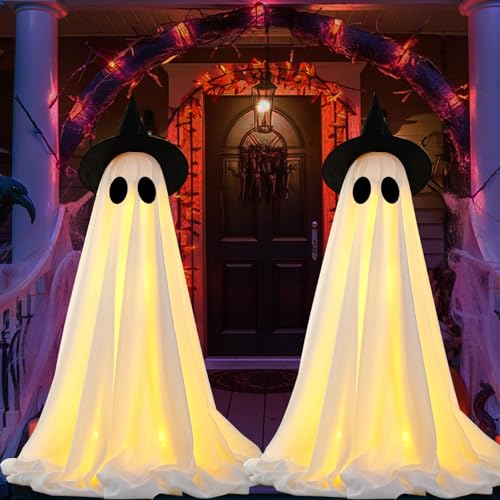 [Timer] 2Packs Halloween Decorations Outdoor, Cute Halloween Decorations Indoor, Spooky Ghost Halloween Decor with Witch Hat, Scary Ghosts Decor with LED Lights for Front Porche Yard Garden Home3