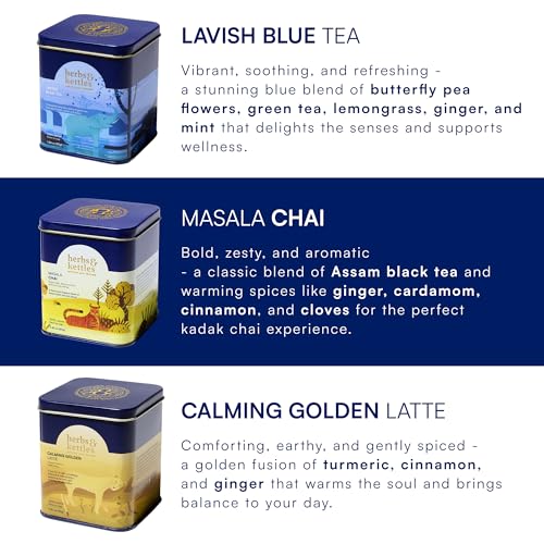 Image of Herbs & Kettles Tea Gift Set - Masala Chai, Calming Golden Latte & Lavish Blue Tea - Premium Loose Leaf Tea Collection in Elegant Gift Box