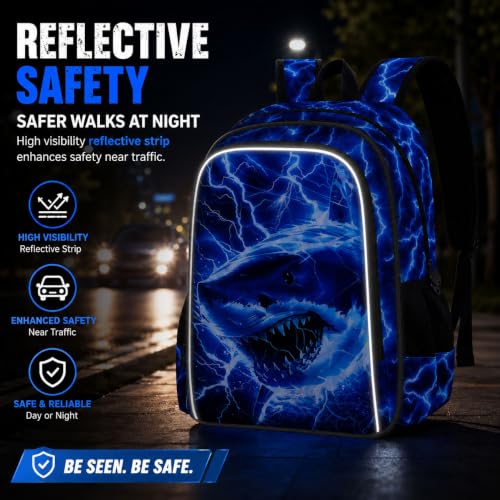 Image of 3Pcs Shark Backpack for Boys, Lightning Kids Bookbag with Lunch Box, 17 inch School Backpacks for Elementary Preschool Kindergarten (Blue)