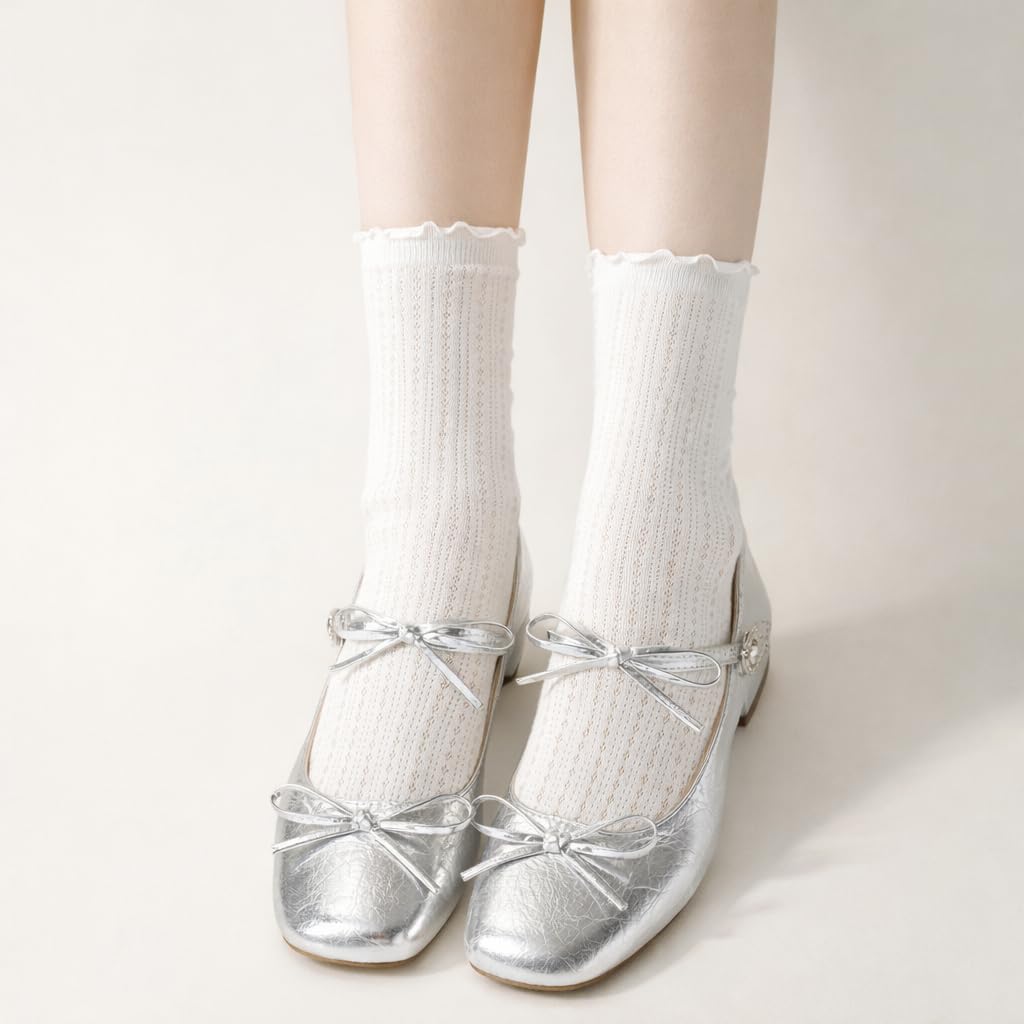 Women's Ruffle Crew Socks 6 Pairs, Breathable Cotton Mesh Socks, Fits Shoe Size 5-9