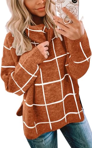 Image of ECOWISH Women Fall Pullover Sweater Turtleneck Plaid Long Sleeve Loose Casual Chunky Checked Knit Winter Sweaters Jumper Tops