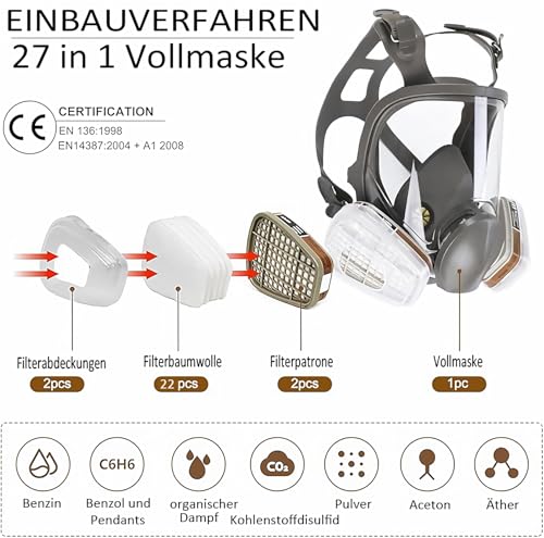 Sosvulix 27 in1 Vollmaske, wiederverwendbar，für organische Dämpfe, saure Gase, Feuchtigkeit,Malerei,Polieren,Gesichtsschutz mit 20 Filtrierbare Wattepads ，2 Patronen