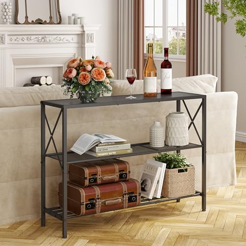 Image of Hoctieon Industrial Console Table, 3 Tier Entryway Table, Hallway Table, Narrow Sofa Table with Shelves, Entrance Table for Entryway, Living Room, Foyer, Hallway, Office, Black