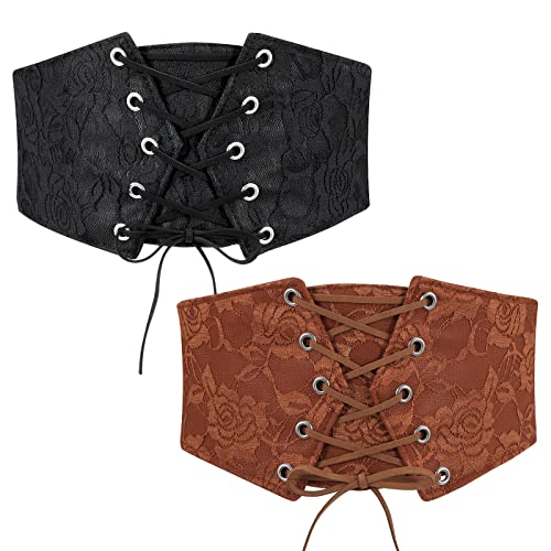 JASGOOD 2 Pack Women Wide Corset Waist Belt Lace-up Tied Waspie Elastic Belt for Dress Halloween Costume