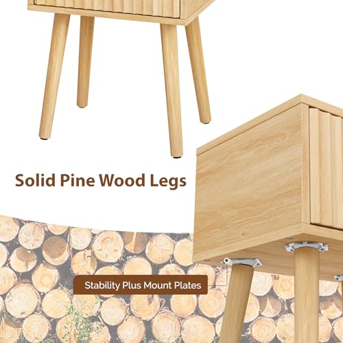 Image of VINGLI Night Stand Set 2, Fluted Nightstands with Drawer, Mid Century Modern Nightstands Set of 2, Bedside Table, End Table, Wood Nightstand for Bedroom, Natural Oak, 15.75 inch W*11.81 inch D*21.85 inch H