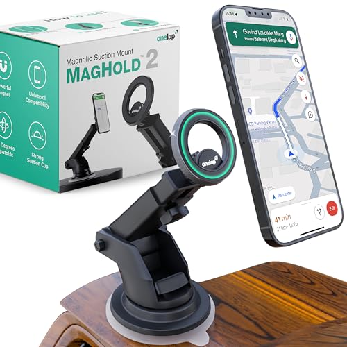 Image of Onelap MagHold 2 (with 2 Magsafe Phone Sticky Rings) - Universal Magnetic Car Phone Holder | Suction Cup Windscreen and Dashboard Mount | Android or iOS Devices | 360 Degree | Strong Magnetic Grip
